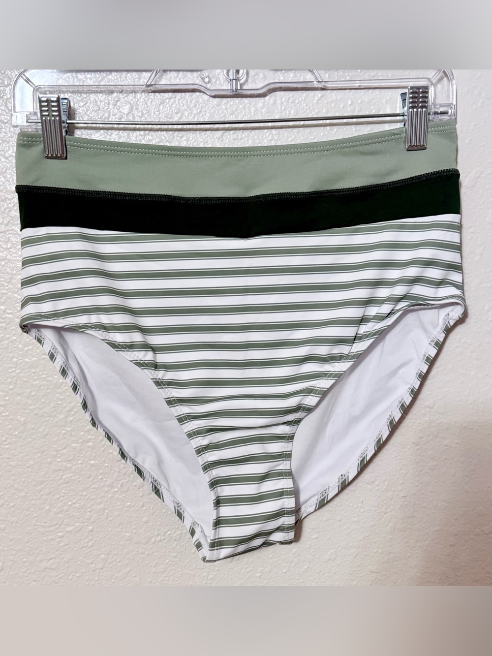 Women's high waisted, bikini bottoms, green striped
